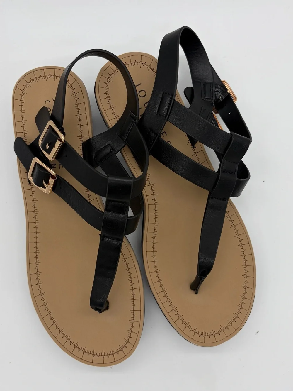 Women's Black T-Strap Sandals with Gold Buckles